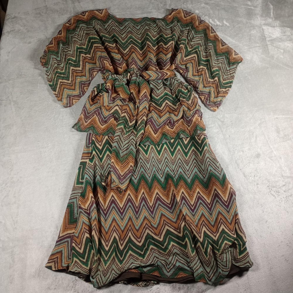 Kate Hill Silk Skirt Set Petite 12P Brown Green Chevron Zigzag Boho 70s Retro